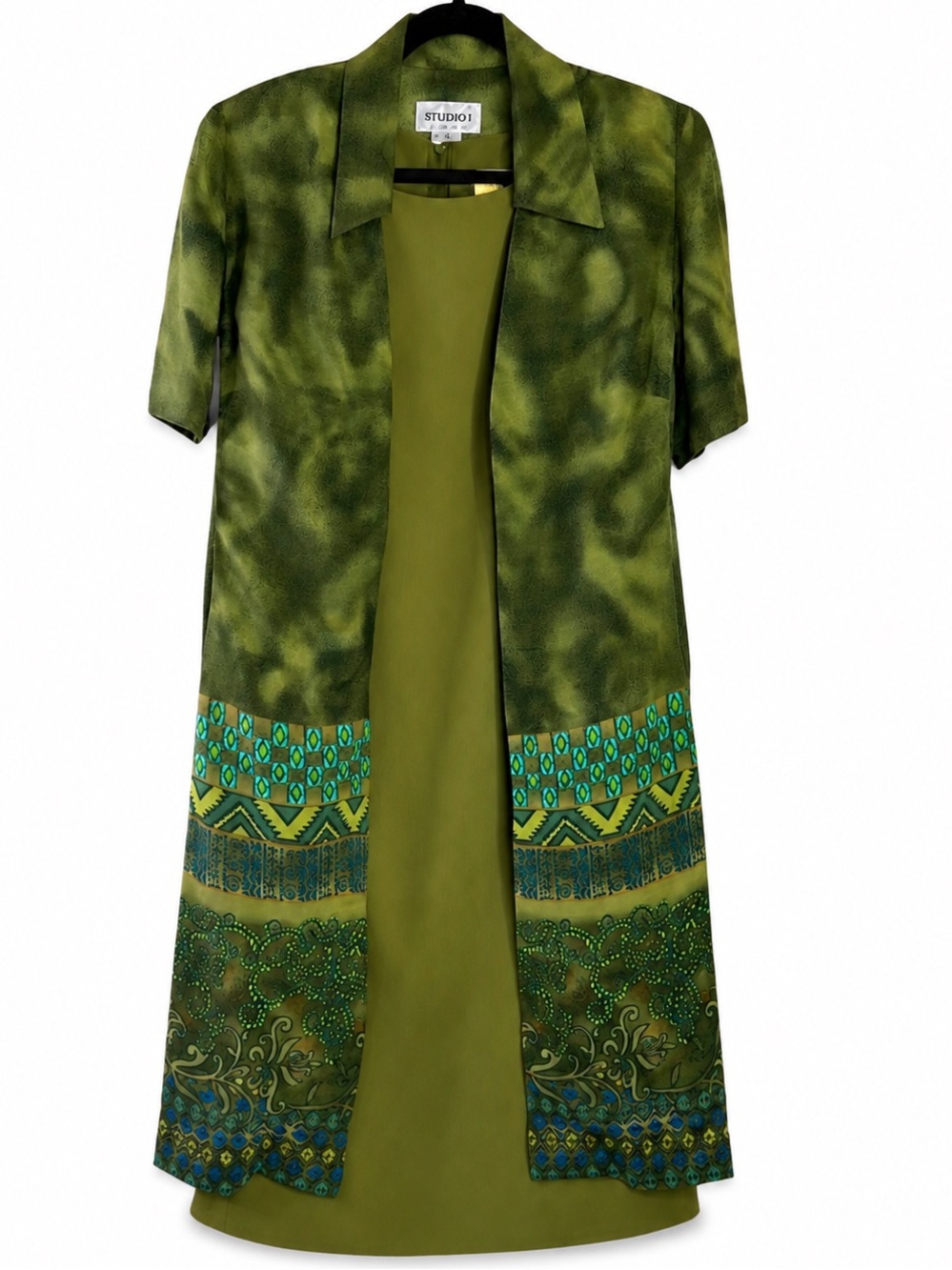 2 Piece Studio One Olive Peacock Sleeveless Dress & Short‎ Sleeve Jacket 8
